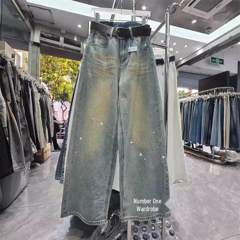 Women s Retro Distressed Rhinestone Wide-Leg Denim Pants - Slimming & Casual Style (2026) Medium