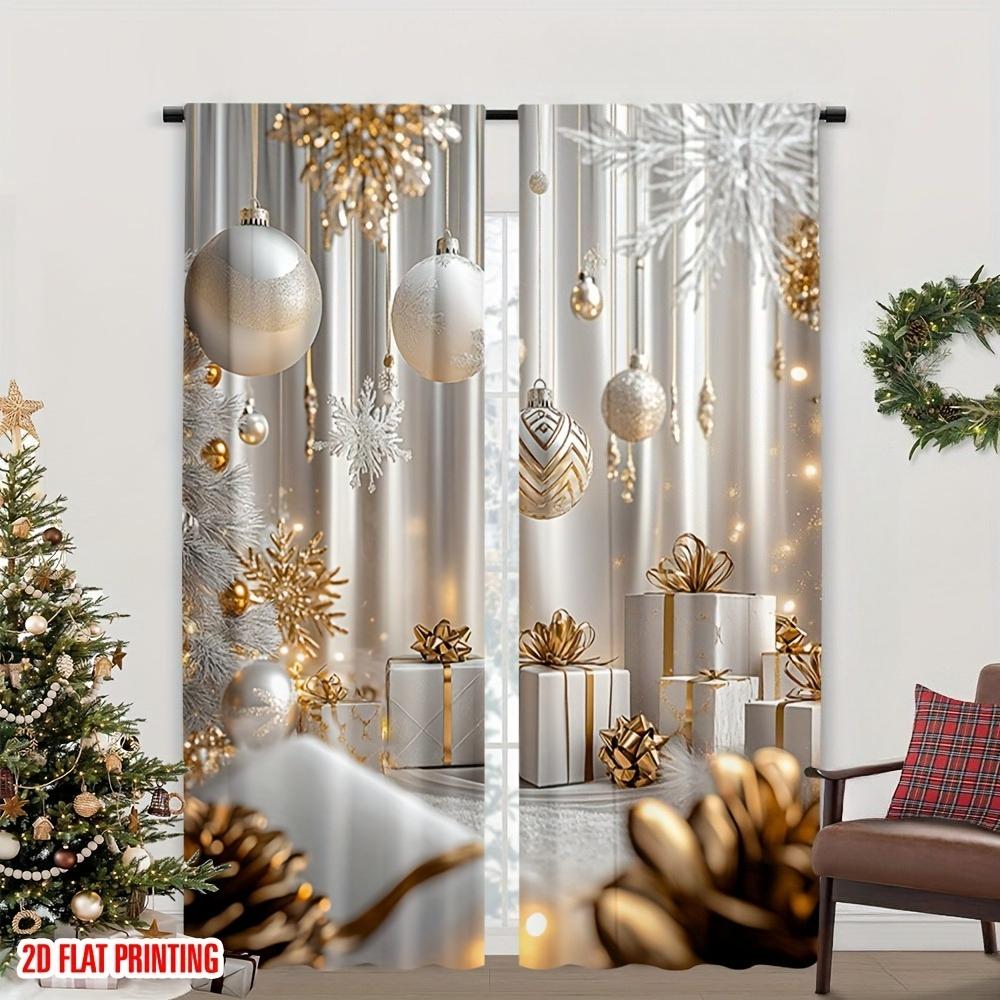 

Set Of 2 Christmas Gold Print Curtains Ideal Bedroom Kitchen Office Living Room Add Festive Holiday Cheer Your Space Made Polyester Great Window W100*H70(CM)-Rod Pocket&1PCS