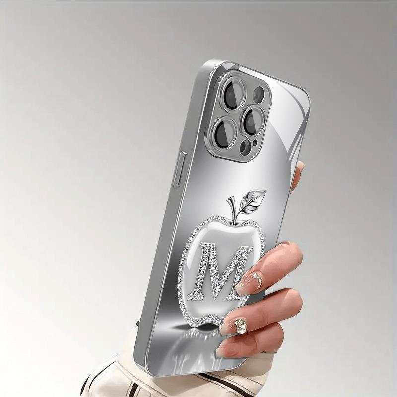 Silver Letter M For Apple Pattern Glass Electroplated Phone Case For iPhone 17 16 15 14 13 12 11 Pro Max 14 Plus 16E 17Air Cover