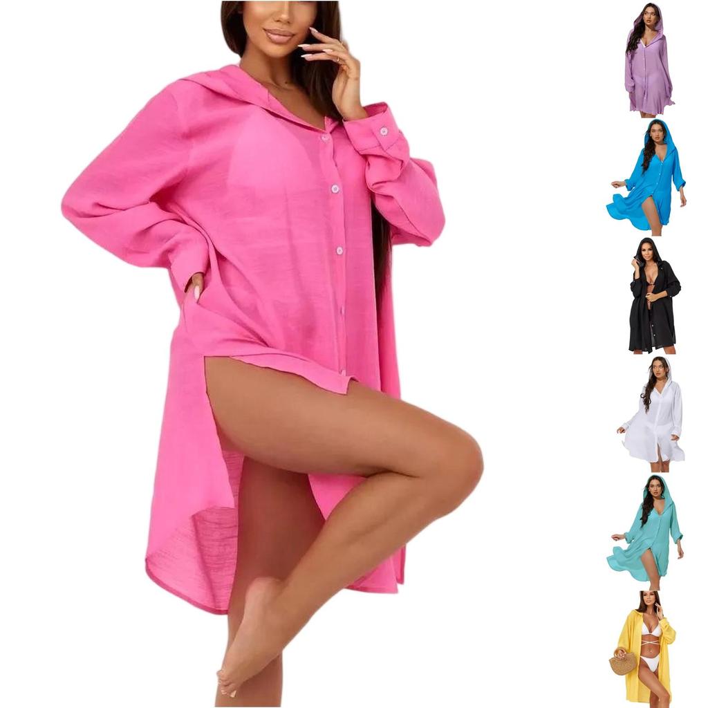 Women's Beach Cover Up Shirt Dress Lightweight Button Down Long Sleeve Casual Vacation Swimwear Cover Up for Bikini Swimwear