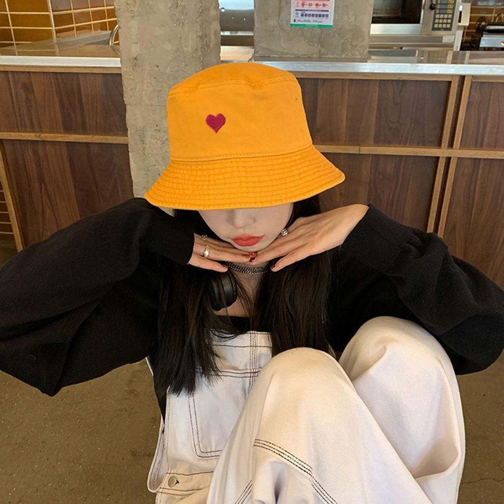 

Two-Sided Elegant Japanese Fashion Women Sun Hat Korean Style Cap Embroidery Heart Hat Bucket Hat