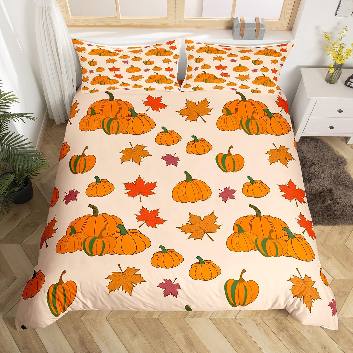 

Autumn Pumpkin Duvet Cover Full Queen Fall Leaves Boho Floral Bedding Set Farmhouse Harvest Home DecorThanksgiving Quilt Cover EU Single(135*200cm)3pcs