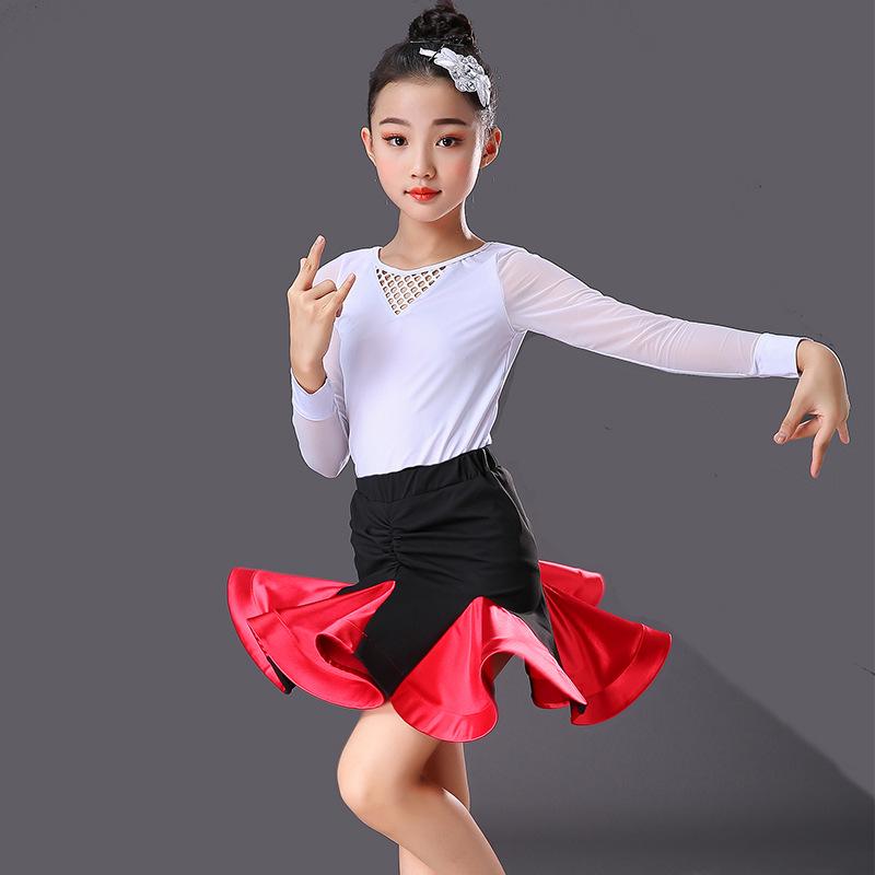 Girls' Exam Grade Latin Dance Costume Set - Long Sleeve Jumpsuit with Skirt for Autumn Practice
