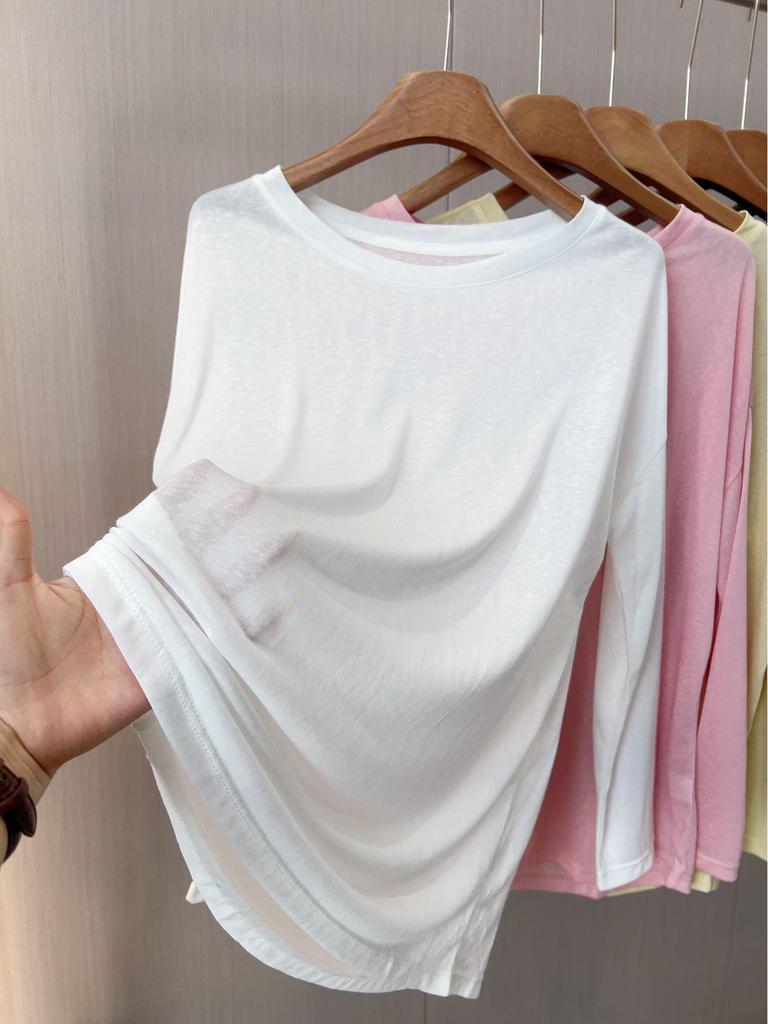 Women's Lyocell Tencel Long Sleeve Round Neck Loose Knit Sunscreen Cover-Up Top