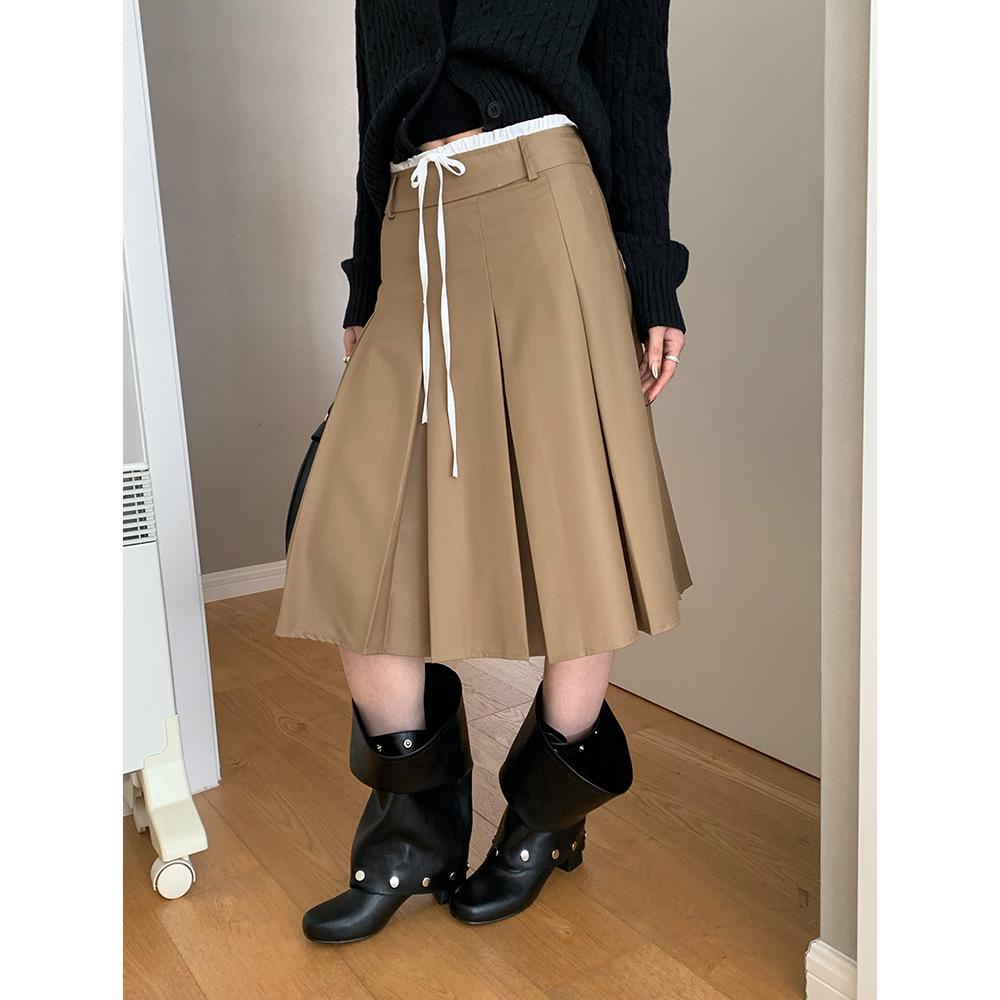 LOOPIN Women s Khaki Color Block High-Waisted Pleated Midi Skirt with Drawstring for Spring S хаки
