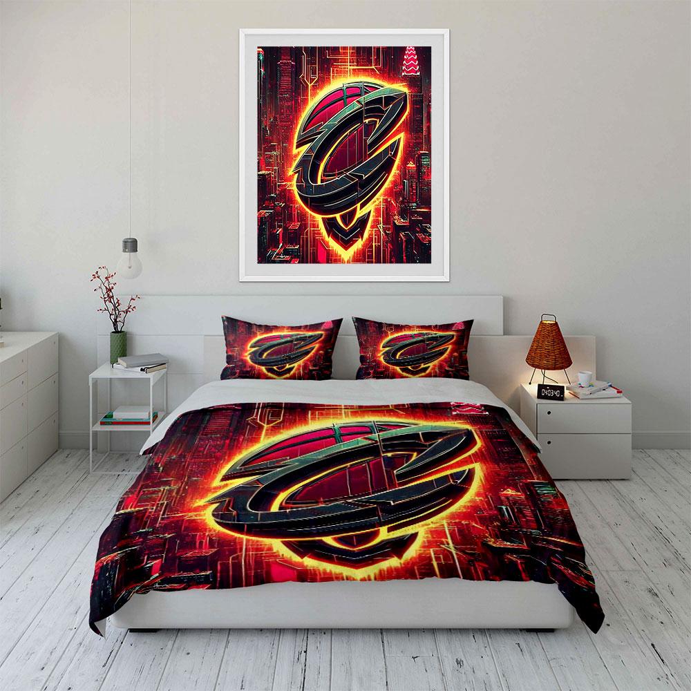 Futuristic Neon City Emblem Bedding Duvet Cover Set Duvet Cover Pillowcases  (1*Duvet Cover 2*Pillowcases, without duvet insert)