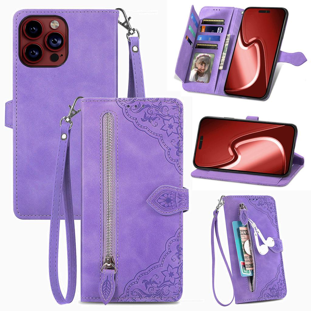 Embossing Flower Card Slots Flip Wallet Zipper Leather Case For iPhone 15 14 Plus 13 12 11 Pro Max for Samsung S24 S23 S22 S21 S20 Ultra Plus A15 A25