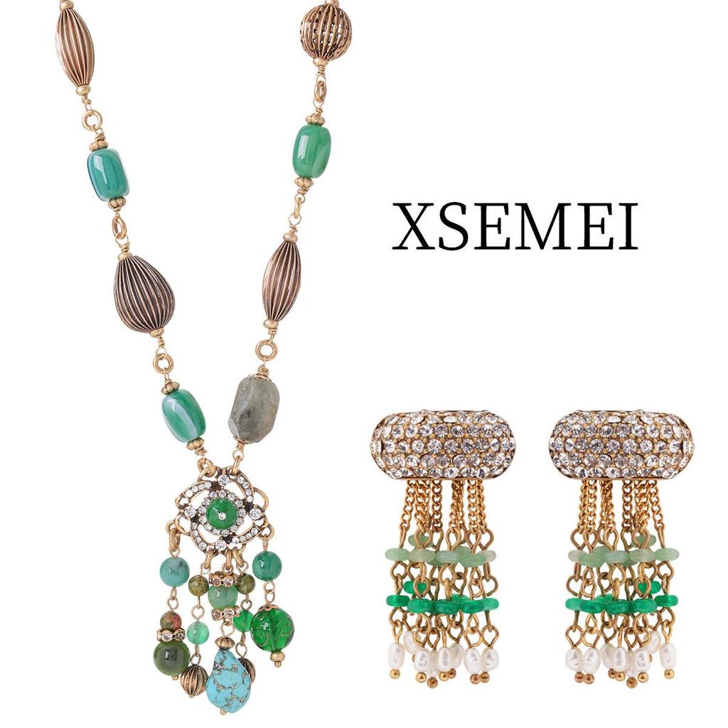 Retro Filigree Agate Glass Tassel Necklace & Pearl Rhinestone Earrings Set