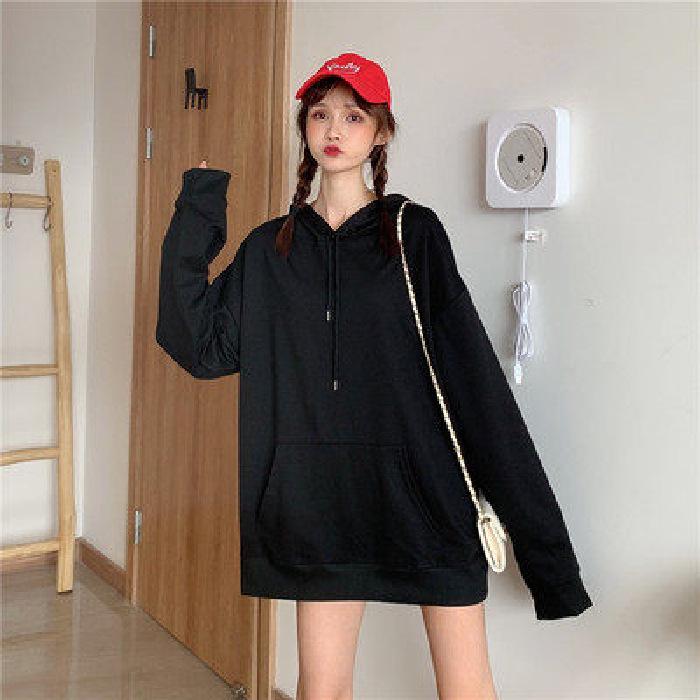 Plus Size Solid Color Korean Style Hooded Sweatshirt - Loose Mid-Length Pocket Jacket for Autumn/Winter