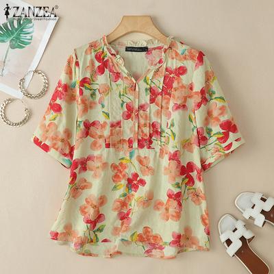 Blusa Feminina Casual com Decote V, Estampa Floral, Solta, Manga Meia
