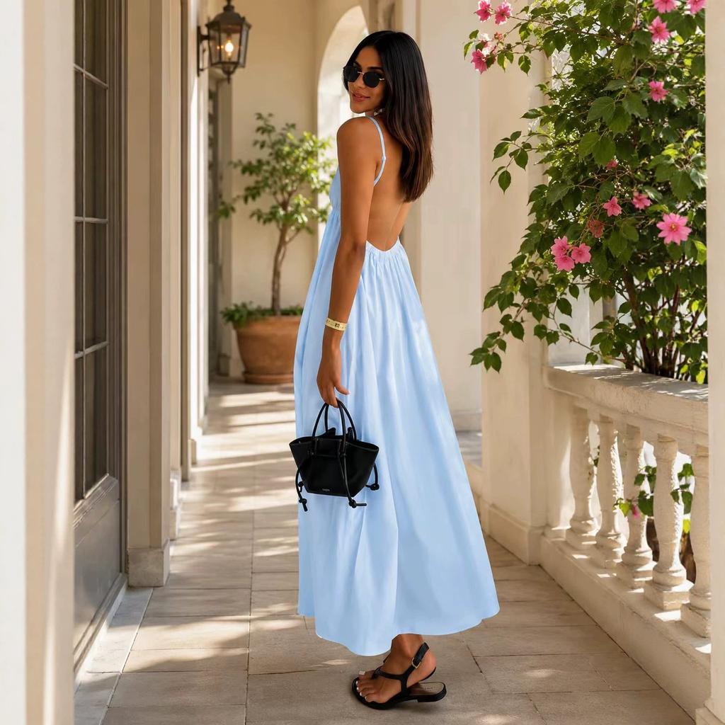 Spice Girls 2026 Summer Wear Sexy V-neck Backless Seaside Vacation Skirt Suspender Dress, Sweet and Spicy Long Dress