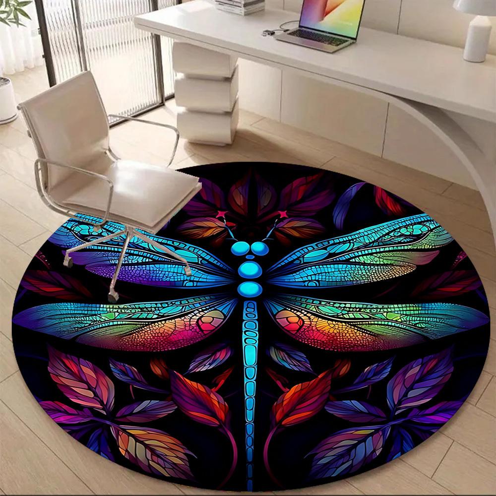 1PC Dragonfly StainedGlass Office Round Area Rug, Mat Suitable ForOffice, Under Office Chairs Bedroom Living Room Home Decor, Room Deco