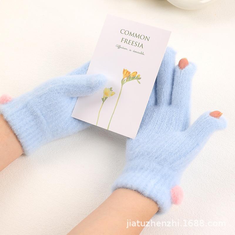 Winter Gloves Women's Velvet Thickened Five-finger Students Cute Knitted Cold-proof Riding Can Keep Warm Cycling Gloves