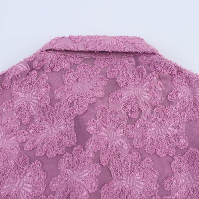 Kaslead New Arrival Women's Clothing Fashion Style Fashion Elegant Texture Cut Flower Lapel Puff Sleeve Shirt