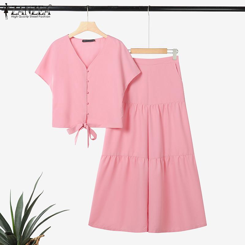 ZANZEA Women Short Sleeve Blouse and Wide Leg Pants Summer Two Piece Sets