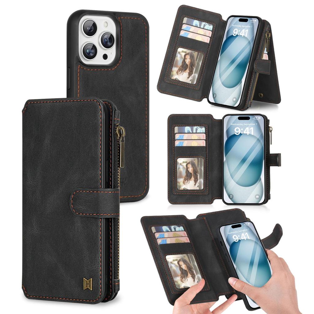 iPhone 16 Pro Multifunctional Leather Wallet Case with Detachable Magnetic Protection