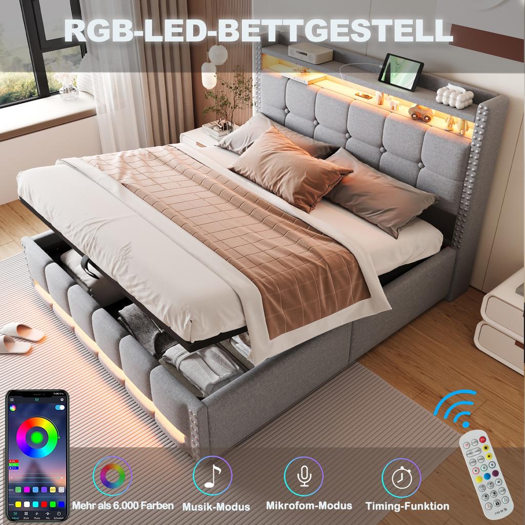 Upholstered Bed 160*200cm with LED Lighting and USB Socket, Headboard with Shelves and Storage, With Hydraulic for Storage, Linen Fabric Light Grey