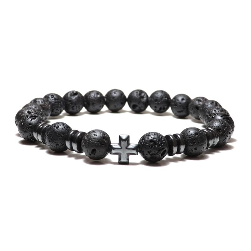 100% Natural Volcanic Lava Bracelet Homme Black Zirconia Braclet Cross Braslet Hematite Brazalete Bileklik Gift For Boyfriend