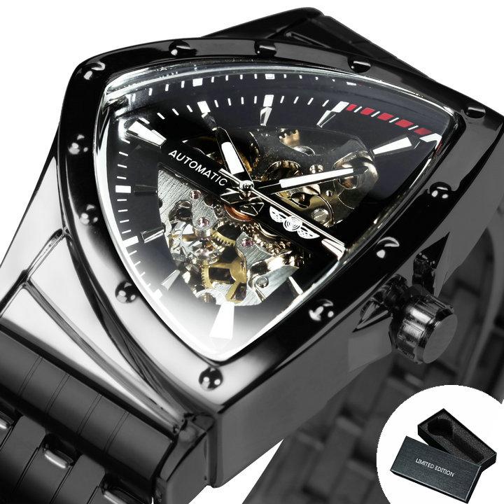 WINNER Military Triangle Skeleton Automatic Watch for Men Gold Sports Mechanical Watches Luxury Stainless Steel Strap Luminous