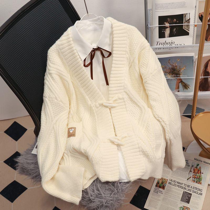 

Теплый кардиган для ученика средней школы 14 лет, в стиле преппи, осенне-зимняя одежда Beige white horn buckle V Neck Cardigan 2XL