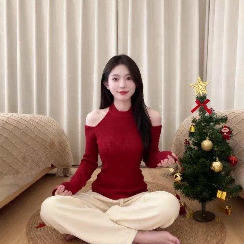 Women's Red Halter Off-the-Shoulder Long Sleeve Slim Fit Top for Christmas and New Year