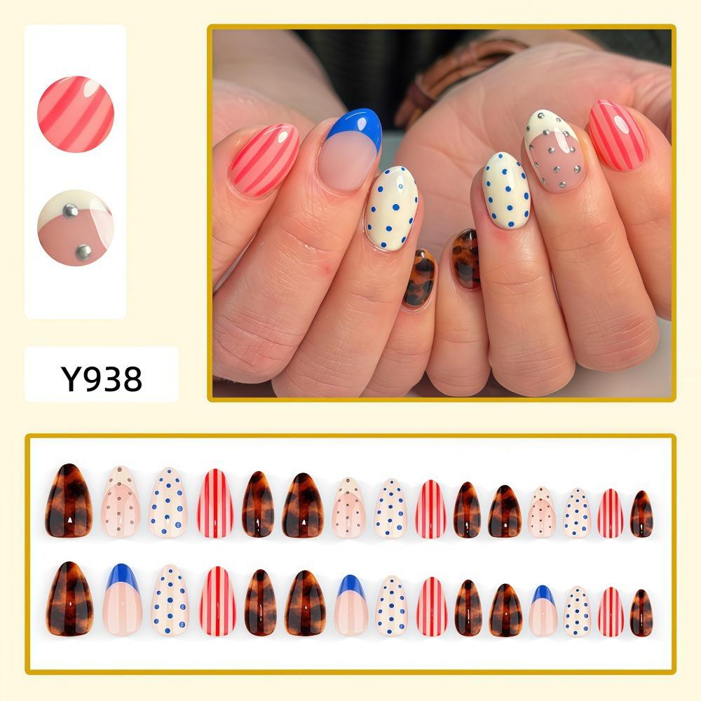 Red & Blue Polka Dot Tortoise Shell Press-On Nails, Candy Stripes French Short Almond Nail Art Stickers.