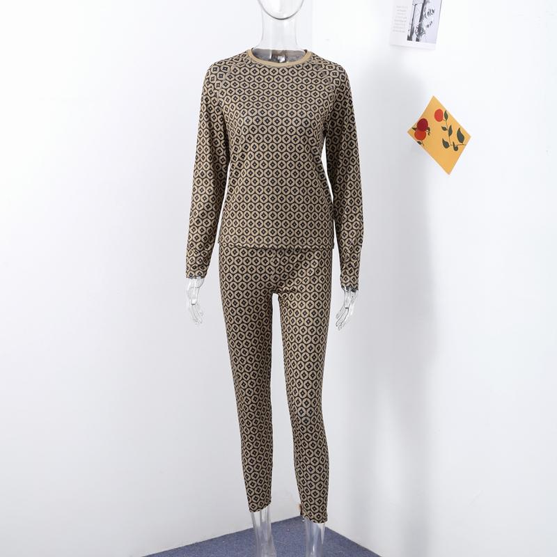Printed Round Neck Top Pants Set Women's Sexy Hottie Long Sleeve Copper Coin Printed T-shirt Slim Casual Trousers New Fashion