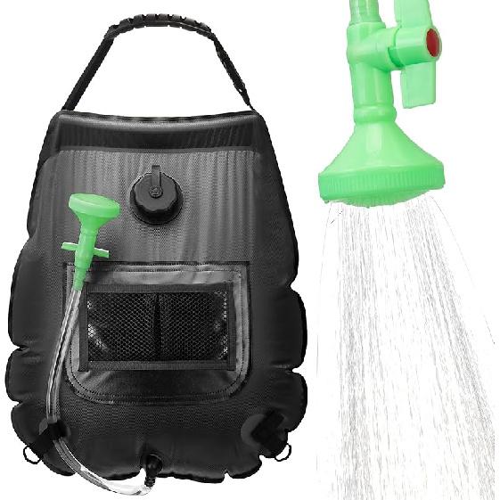 

5 галлонов/20 л портативный душ с солнечным нагревом, переключаемой насадкой для душа и съемным шлангом, подходит для кемпинга, пешего туризма, путешествий, пляжа, плавания чёрный