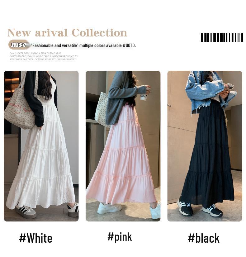 White A-line High Waist Pleated Long Skirt for Women - Spring/Summer 2026 Slimming Petite Layered Umbrella Design