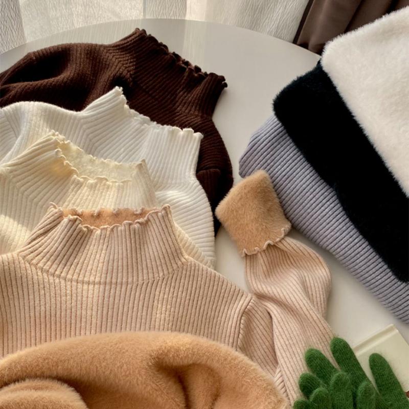 Casual Velvet Warm Pullovers Sweater for Women Fashion Thickened Half High Collar Base Autumn Sweaters Women Solid Slim Fit Plush Winter Jumpers 25613