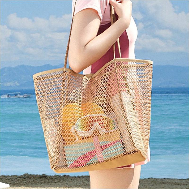Mesh Beach Tote Bag Large Capacity Women Shoulder Bag Anti-Sand Net Shopping Bag with Zipper Pocket Lightweight Summer Travel Handbag