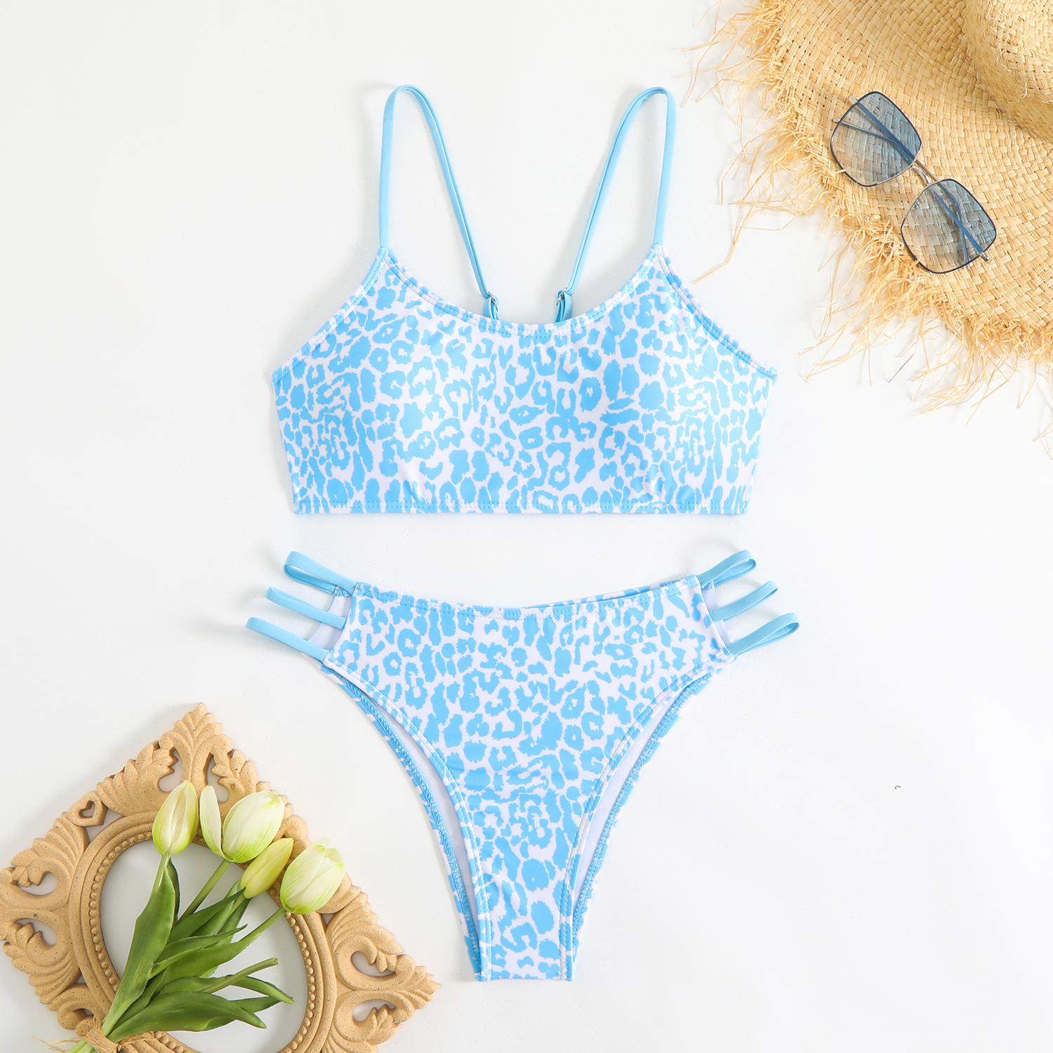 

New leopard print bikini split swimsuit simple and high-end with chest pad female sexy beach swimsuit tied L озеро синього кольору