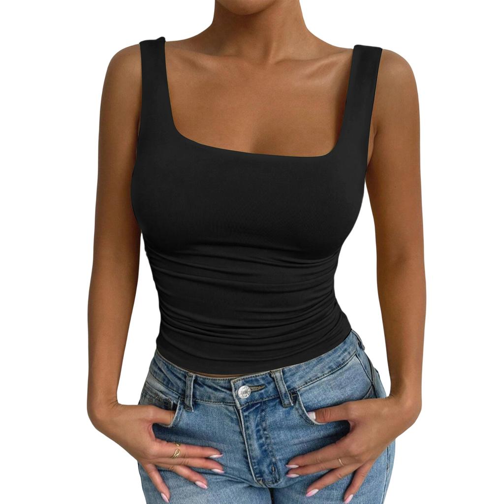 Women Sleeveless Tank Top Square Neck Casual Slim Fit Stretchy Ribbed Knit Summer Basic Layering Camisole Shirt