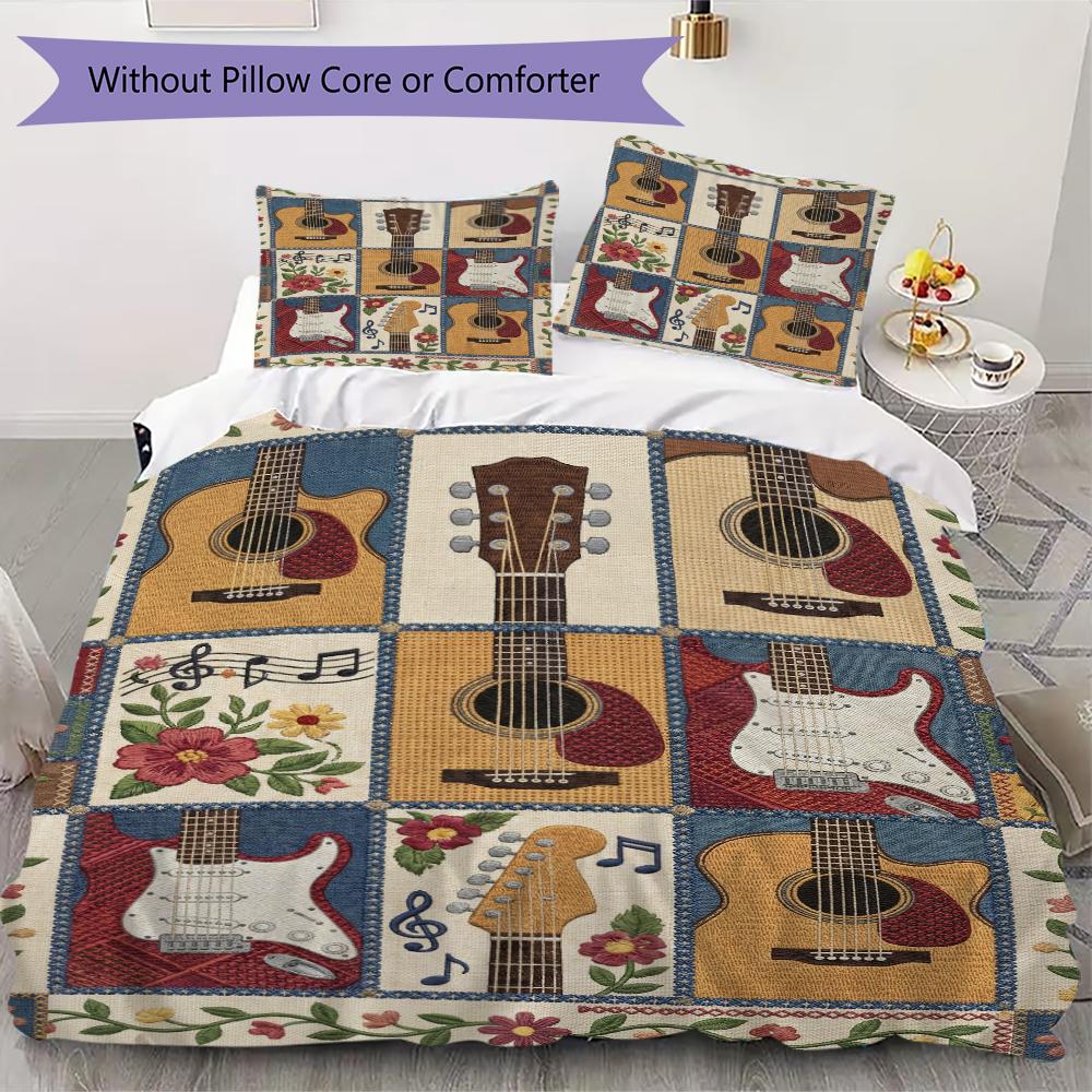 Guitar Music Pattern Bedding uilt Set uilt Cover Pillowcase Home Decoration Birthday Gift (1 * duvet cover + 2 * pillowcase  without core)56