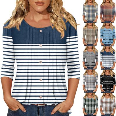 Women's Fashionable Casual Three-quarter Sleeve Button Plaid Striped Print Round Neck Top