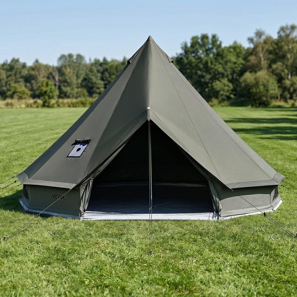 VEVOR Tienda de Lona tipo Bell Tent, Tienda Yurta para 4 Estaciones de 4 m para Acampar con Salida para Estufa, Lona Transpirable para hasta 4 Personas con Suelo Desmontable con Cremallera