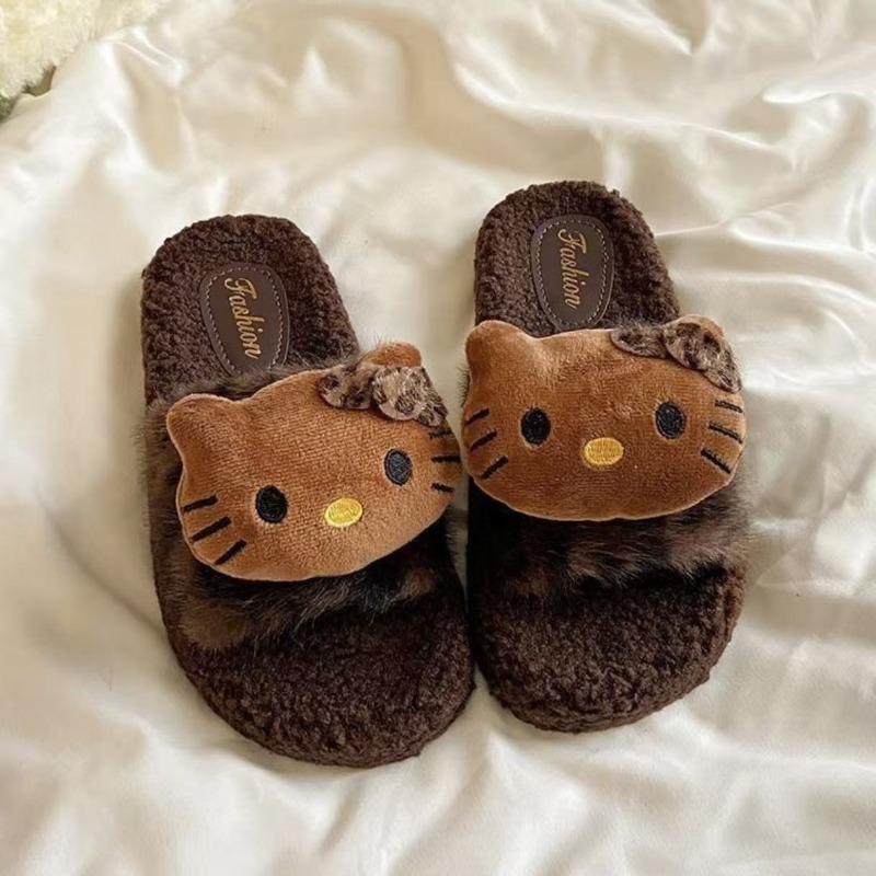 

Леопардовый принт Hello Kitty пушистые тапочки женские зимние нескользящие милые мультяшные домашние тапочки из хлопка 40-41 (one size smaller)