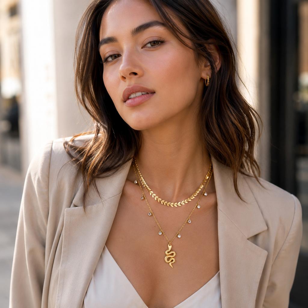 18K Gold PVD Stainless Steel Ocean Charm Necklace Set Shell Starfish Pearl Snake Layered Waterproof Jewelry for Women