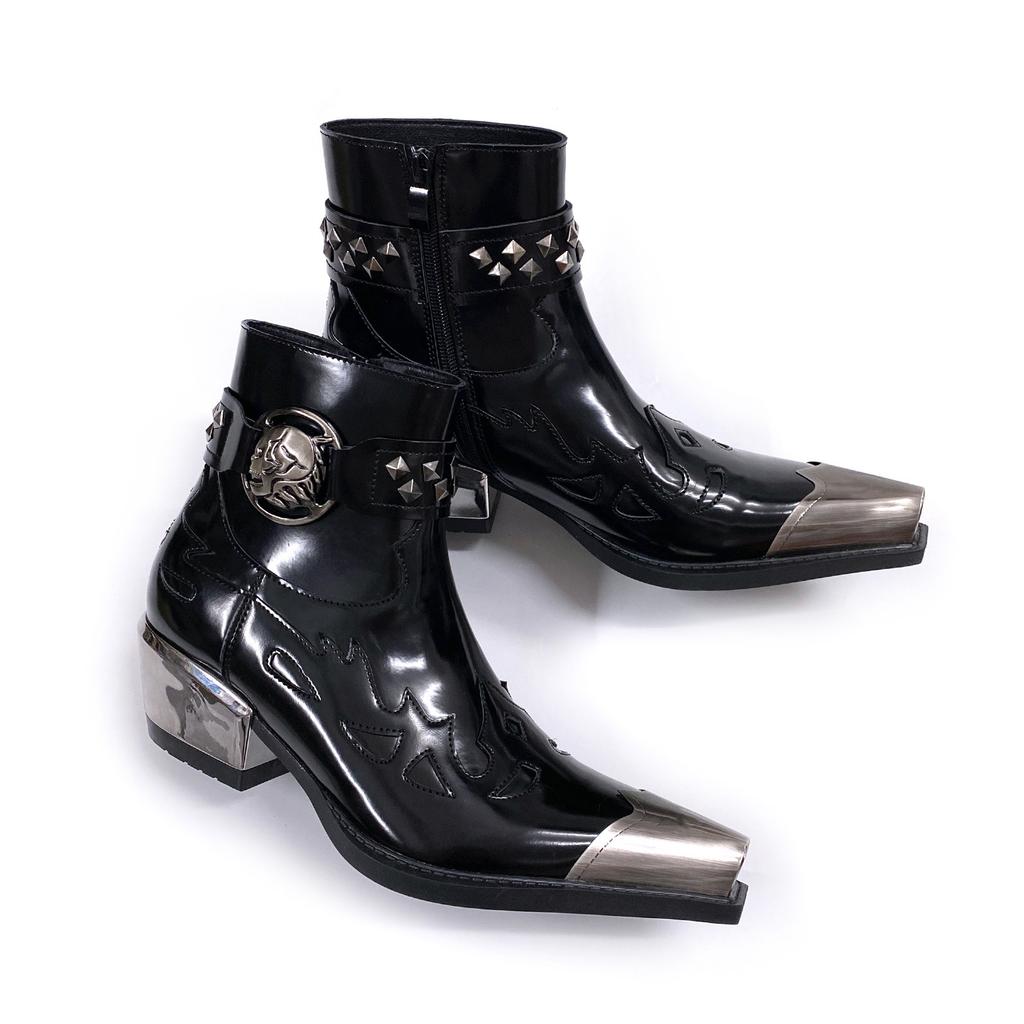 Stivali Western in Metallo Nero Uomo Retro Tacco Spesso Rivettati Punk Stivaletti Corti Stivaletti Chelsea Appuntiti alla Moda Uomo Pelle Donna
