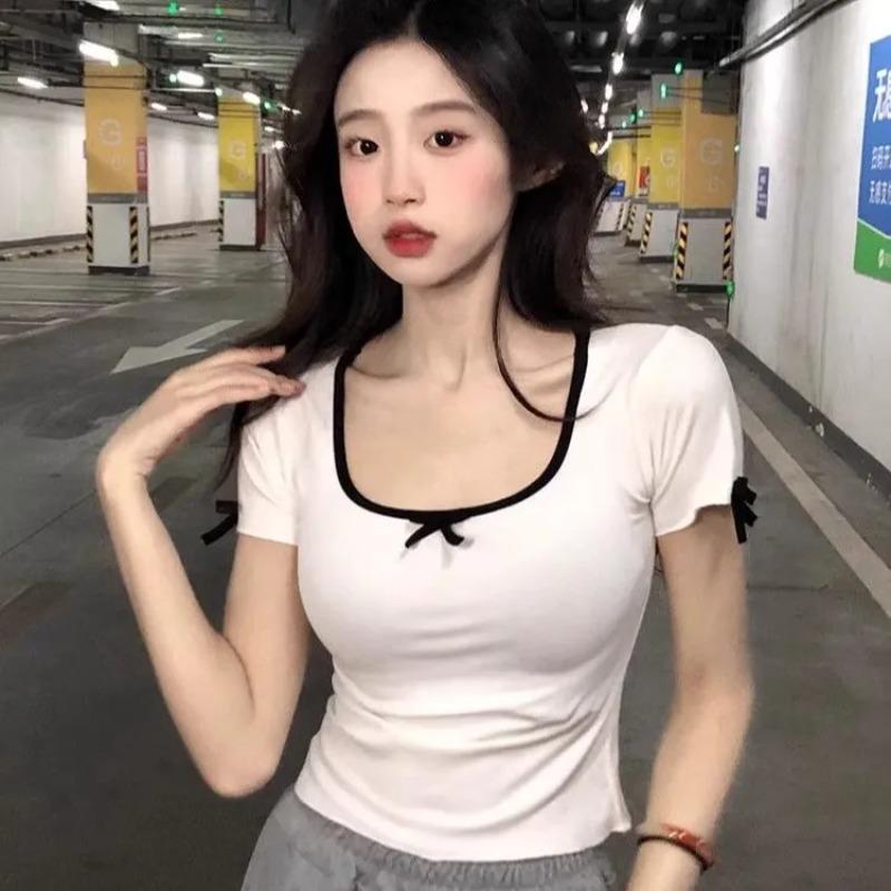 

Sweet Hot Girl Black Square Neck Bow Short-sleeved T-shirt Women s Summer Shoulder-baring Short Top Pure Cotton Bottoming Shirt M білий