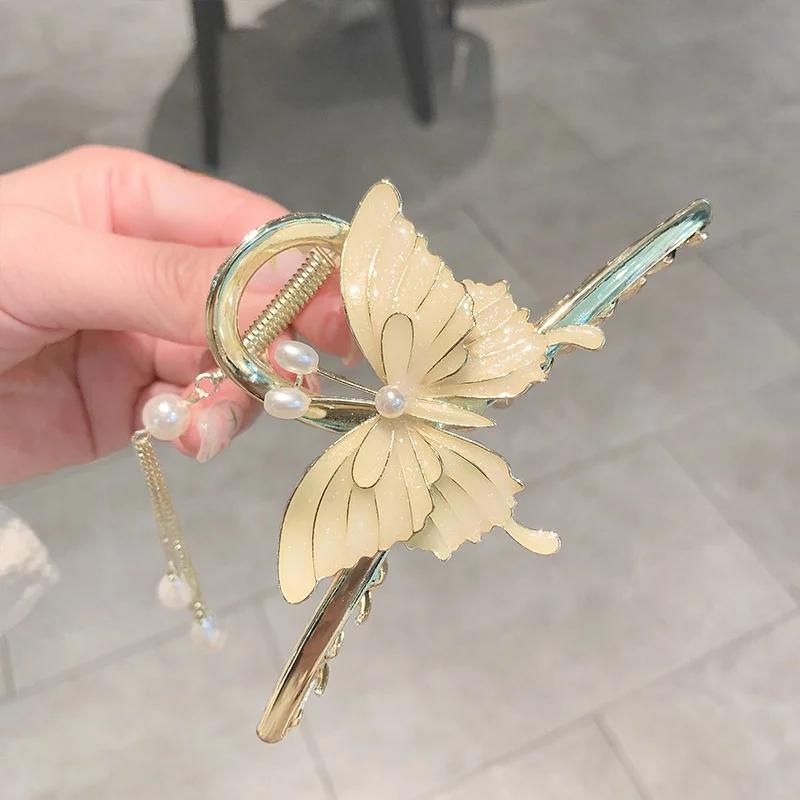 1 Pcs Elegant Tassel Butterfly Pearl Grab Clip Flower Women's Fashion Sweet Metal Headwear High-end Jewelry Accessories