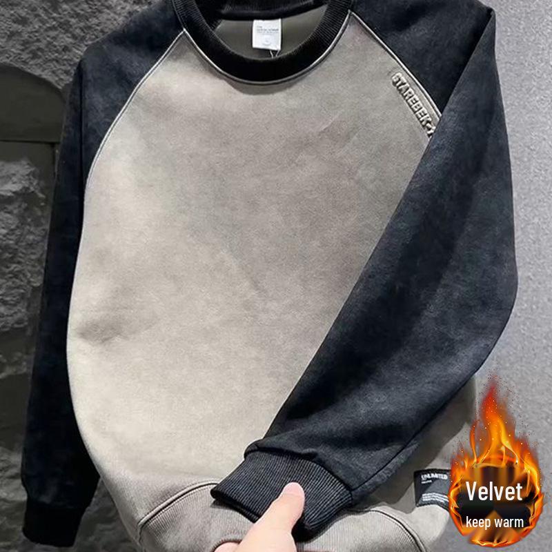 Men s Korean Tie-Dye Raglan Sleeve Hoodie - Velvet Color Block, Round Neck, Casual Mature Style. 3XL