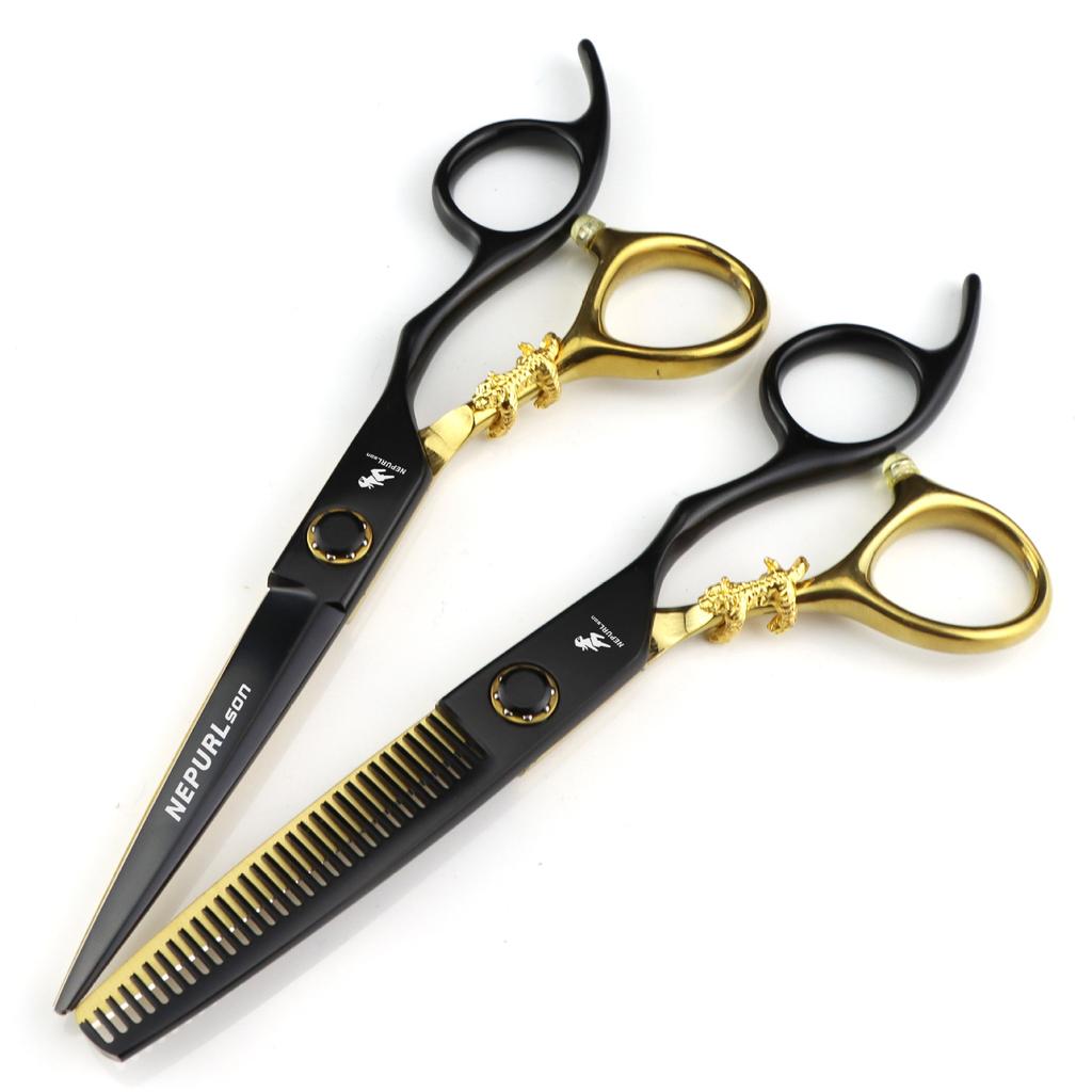 6.0 Inch Nimpson, Lacquered Black Bearing Screws, Flat Scissors, Hair Scissors, Straight Scissors, Tooth Scissors, Small Golden Tiger