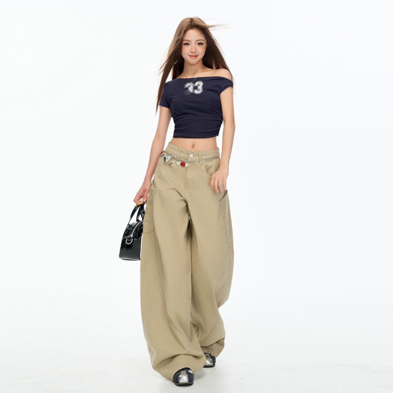 Autumn Khaki Scimitar High-Street Drapey Wide-Leg Jeans for Women