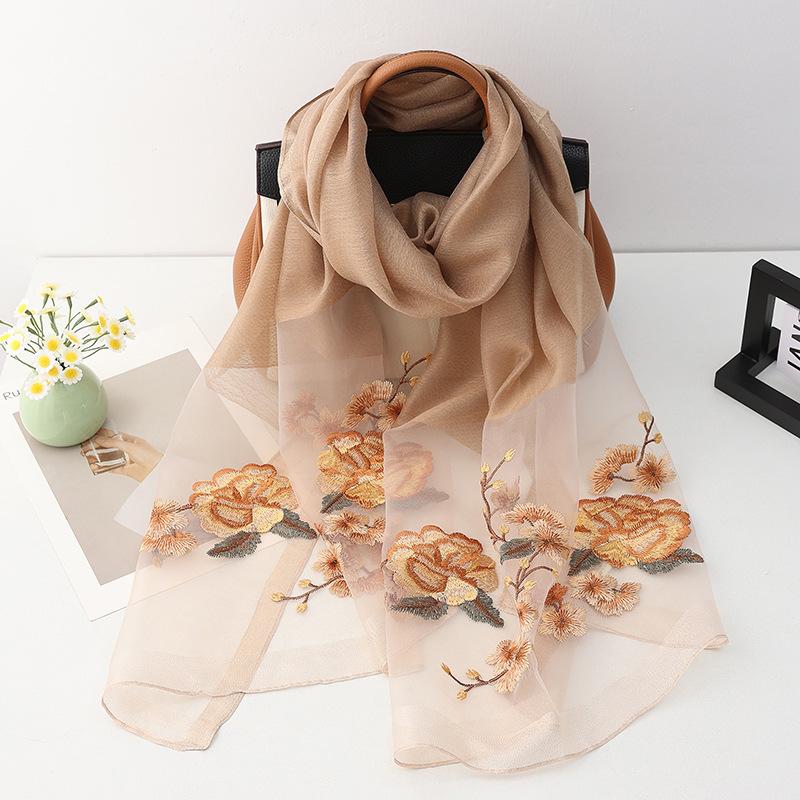 Four Season Silk Wool Scarf Women Hijab Pashmina Shawls Wrap Bandana Blanket Floral Pashmina Embroidery Scarves Foulard Femme