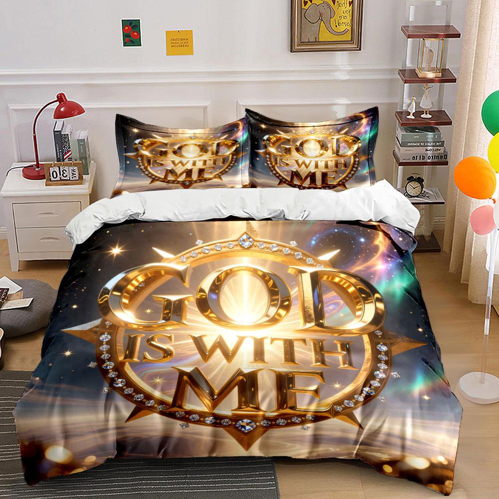 "Elegant Spiritual Gold Decor Set"Suitable for religious lovers.kid's and adults' bedroom decor,Exquisite 3PC bedding set gift