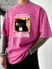 After Coffee Cat Feel Good Print Men Washed TShirt Retro Crewneck T Shirts Hip Hop Loose Clothes Summer Cotton Streetwear