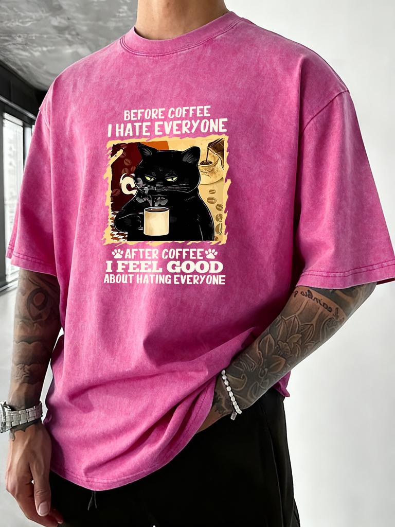 After Coffee Cat Feel Good Print Men Washed TShirt Retro Crewneck T Shirts Hip Hop Loose Clothes Summer Cotton Streetwear