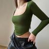 Crop top pentru femei, cu gât pătrat, mâneci lungi, tricou scurt tricotat, culoare pură, pulover elastic, bluză de petrecere în club
