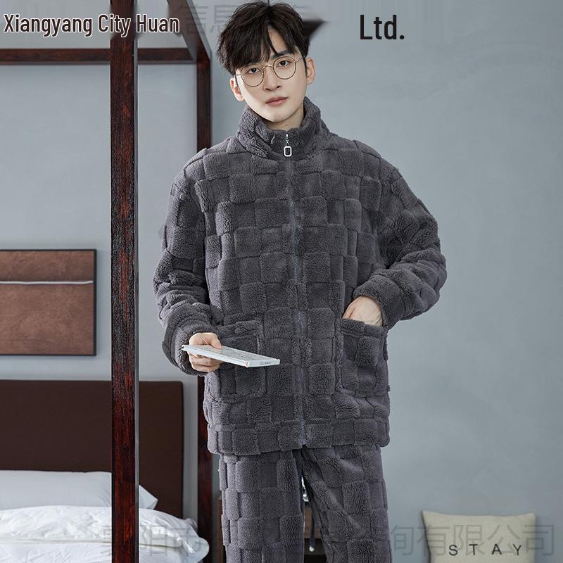 Men's Thickened Coral Fleece Long-Sleeve Flannel Pajama Set for Autumn and Winter - Wearable Outdoors